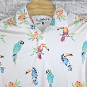 Chubbies Men Tropical Bird Parrot Toucan Performance Golf Polo Shirt White Small